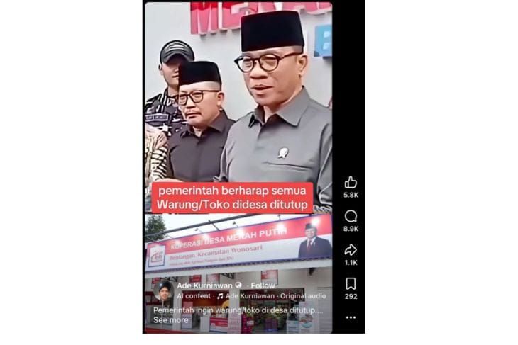 Unggahan video yang menarasikan Mendes Yandri minta warung desa ditutup agar warga belanja di Kopdes. Faktanya, video juga terdapat label  <b>(Antara)</b>