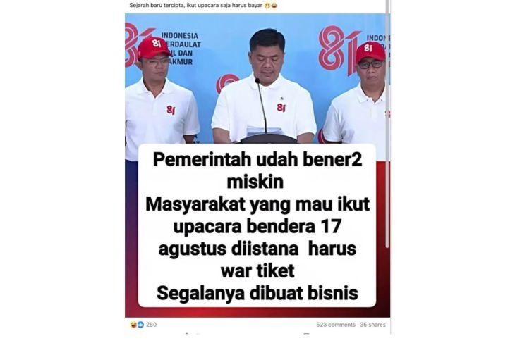 Unggahan yang menarasikan pendaftaran upacara HUT Ke-81 RI di Istana Merdeka berbayar. Faktanya, perndaftaran upacara HUT Ke-81 RI di Istana Merdeka tidak dipungut biaya apapun. <b>(Antara)</b>