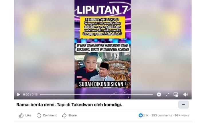 Unggahan yang menarasikan Komdigi blokir pemberitaan aksi demonstrasi Agustus 2026. Faktanya, Menkomdigi menegaskan bahwa pemerintah tidak pernah melarang ataupun membatasi media massa untuk meliput dan memberitakan aksi demonstrasi di Indonesia. (Facebook) <b>(Antara)</b>
