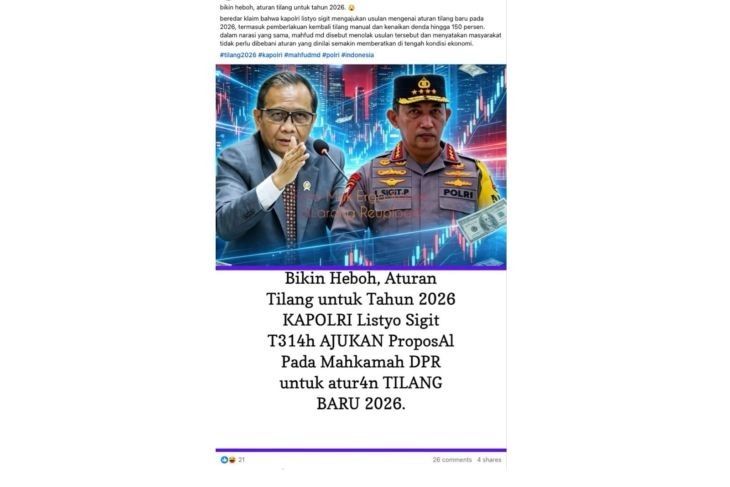 Unggahan yang menarasikan aturan tilang baru 2026 mulai dari memberlakukan kembali tilang manual hingga denda tilang naik hingga 150 persen. Faktanya, Kepala Korps Lalu Lintas (Kakorlantas) Polri Irjen Pol. Wibowo menegaskan bahwa informasi tersebut merupakan hoaks. (Facebook) <b>(Antara)</b>