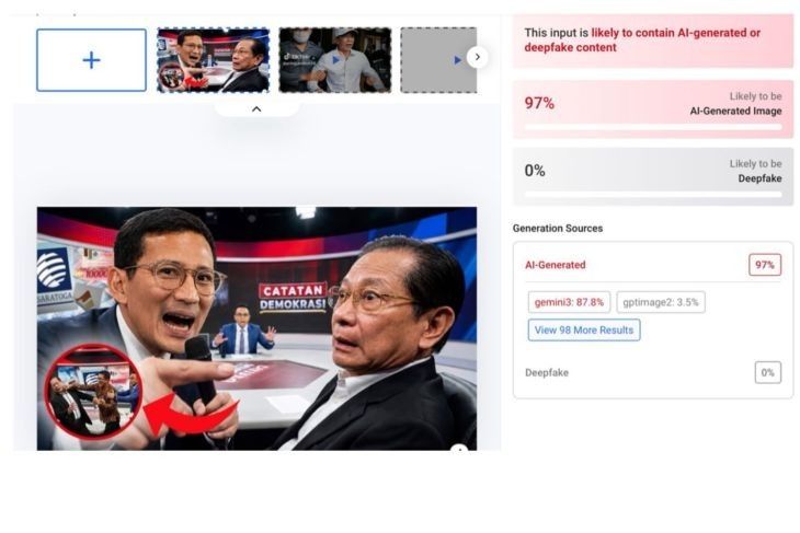 Hasil pemeriksaan menggunakan AI Detector. (Hive Moderation) <b>(Antara)</b>