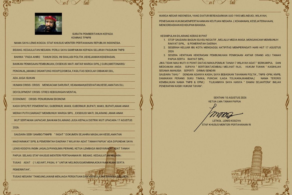 Staf Khusus Menteri Pertahanan (Stafsus Menhan) Bidang Kedaulatan Negara, Lenis Kogoya, merilis pernyataan tegas yang ditujukan kepada juru bicara TPNPB-OPM, Sebby Sambom, beserta seluruh pasukannya di Tanah Papua <b>(Istimewa)</b>