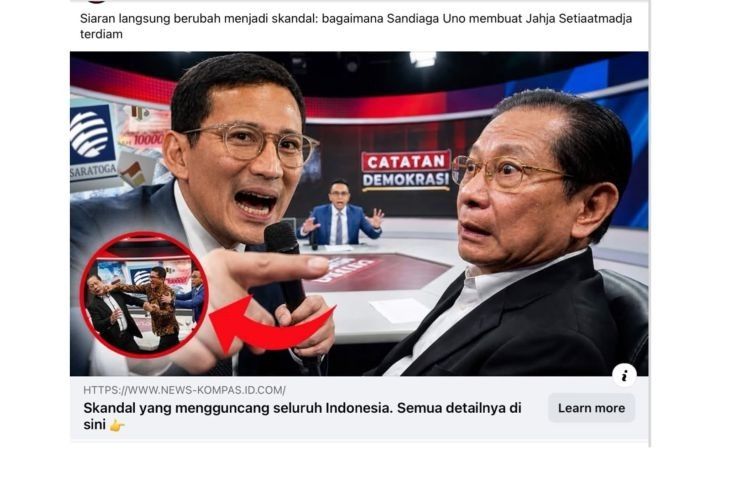 Unggahan yang menarasikan Sandiaga Uno pukul presiden Komisaris BCA Jahja Setaatmadja. Faktanya, Gambar dalam unggahan tersebut merupakan hasil manipulasi AI, sedangkan tautan yang disertakan mengarah ke situs yang diduga digunakan untuk praktik phishing. (Facebook) <b>(Antara)</b>