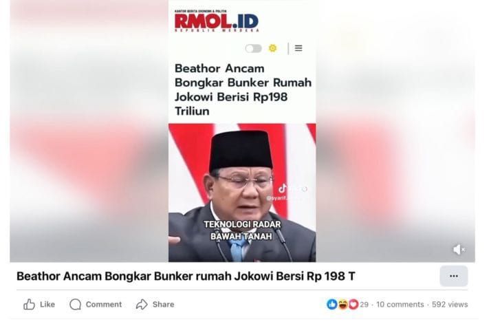 Unggahan yang seakan-akan Prabowo mengancam akan membongkar bunker rumah Jokowi yang disebut berisi Rp198 triliun. Faktanya, video pidato Prabowo dan berita mengenai pernyataan Beathor berasal dari peristiwa yang berbeda, lalu digabungkan sehingga me <b>(Antara)</b>
