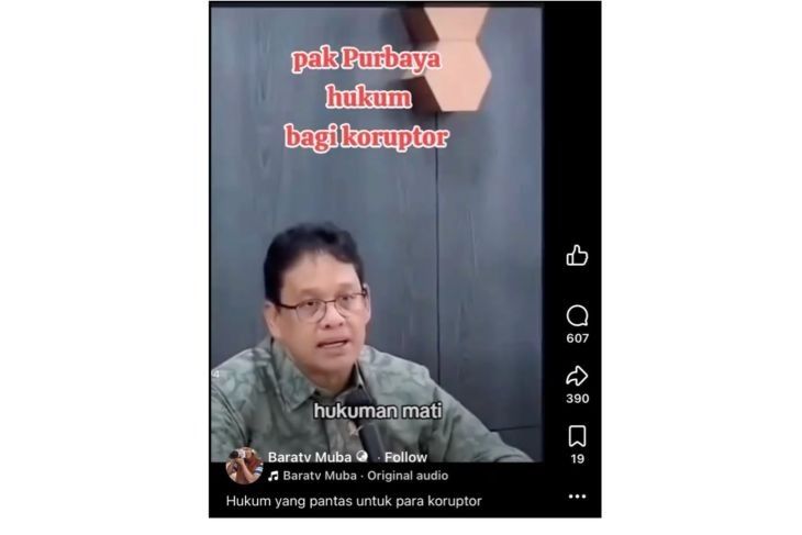 Unggahan video yang menarasikan Purbaya minta Prabowo agar koruptor dihukum mati. Faktanya, video tersebut merupakan hasil AI atau deepfake. (Facebook) <b>(Antara)</b>