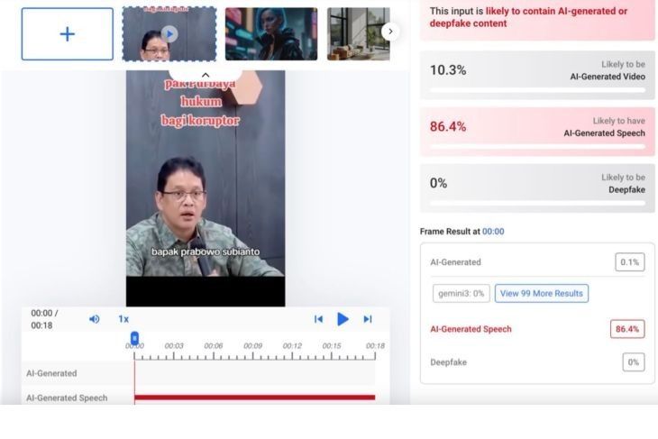 Hasil pemeriksaan menggunakan AI Detector. (Hive Moderation) <b>(Antara)</b>