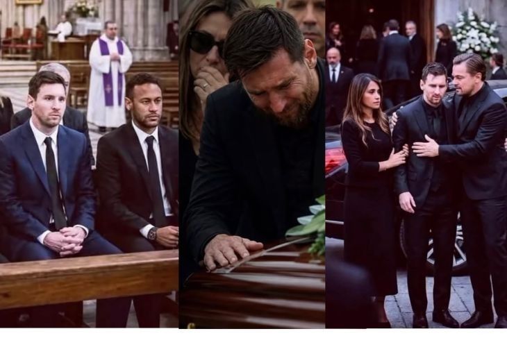 Unggahan yang menarasikan foto Lionel Messi bersama Neymar dan David Beckham di pemakaman. Faktanya, foto tersebut merupakan hasil AI. (TikTok) <b>(Antara)</b>