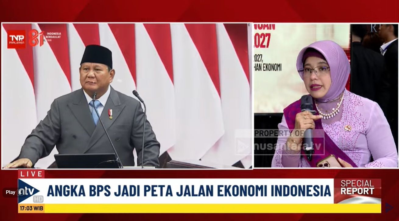 Kepala BPS Amalia Adininggar Widyasanti saat wawancara khusus di Nusantara TV terkait Pidato Presiden Prabowo Subianto terkait Nota Keuangan dan RAPBN 2027 di Gedung DPR/MPR, Jakarta, Jumat, 14 Agustus 2026.   <b>(TV Parlemen)</b>