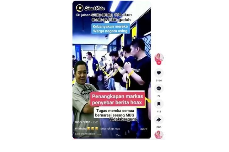 Unggahan video yang menarasikan penangkapan markas berita penyebar hoaks MBG. Faktanya, video yang beredar merupakan dokumentasi penggerebekan judi online yang melibatkan 321 WNA di Hayam Wuruk, Jakarta Barat. (TikTok) <b>(Antara)</b>