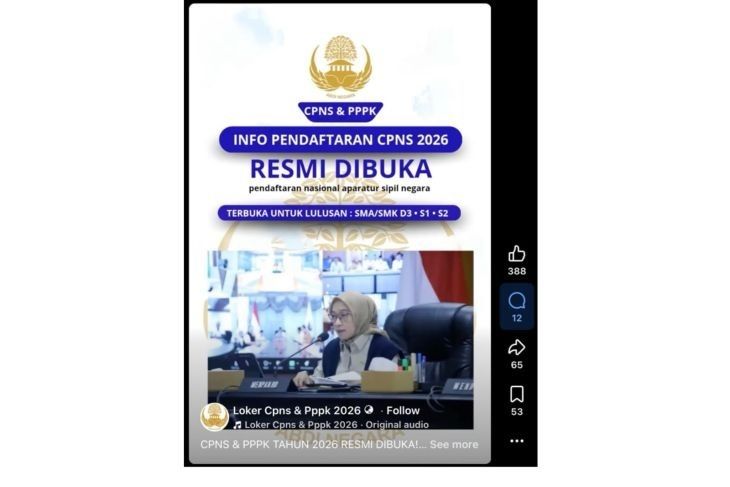 Unggahan yang menarasikan tautan pendaftaran CPNS 2026 resmi dibuka 5 Agustus. Faktanya, tautan tersebut terindikasi phising. Badan Kepegawaian Negara (BKN) menegaskan bahwa pemerintah belum mengumumkan jadwal resmi pendaftaran CPNS 2026. (Facebook) <b>(Antara)</b>
