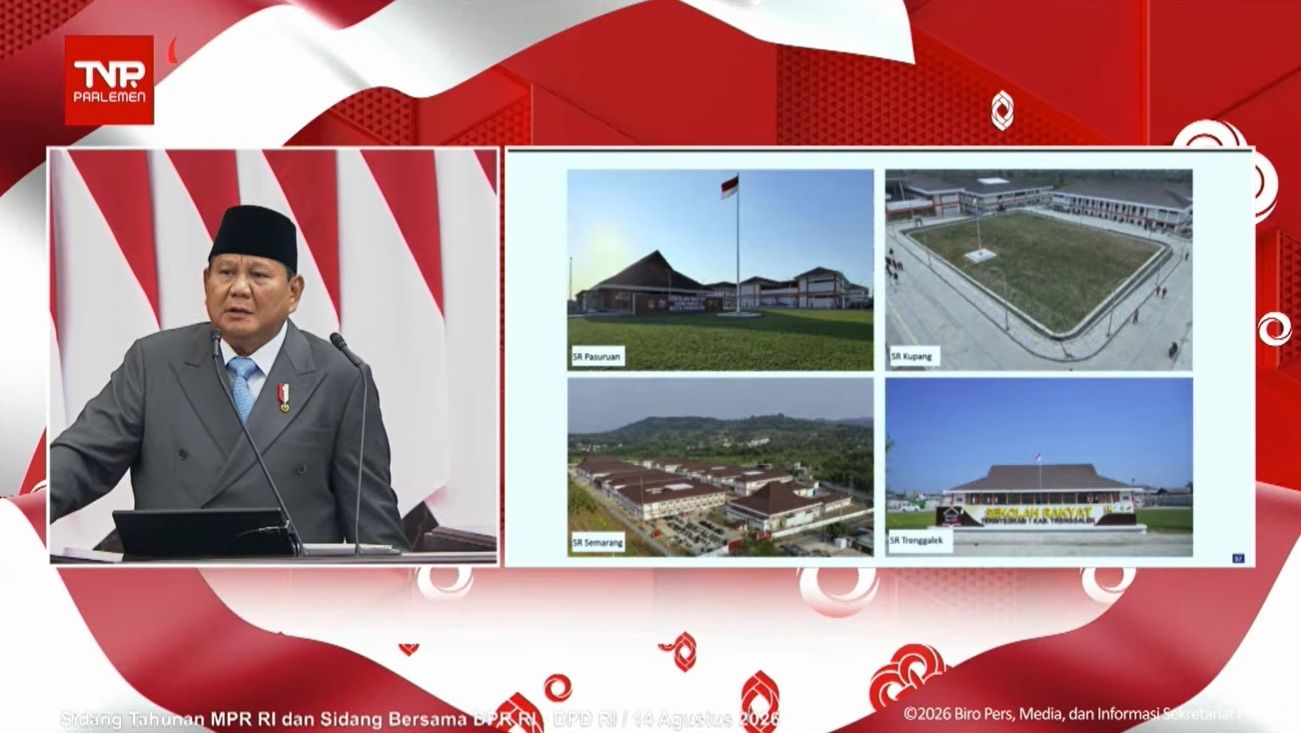 Presiden Prabowo Subianto saat pidato kenegaraan di DPD, DPR, MPR RI, Jumat, 14 Agustus 2026.  <b>(TV Parlemen)</b>