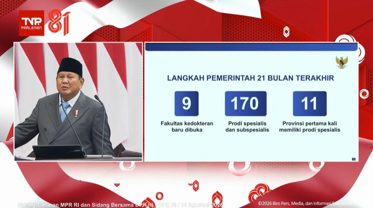 Presiden Prabowo Subianto saat pidato kenegaraan di DPD, DPR, MPR RI, Jumat, 14 Agustus 2026.  <b>(TV Parlemen)</b>