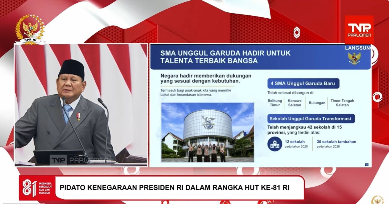 Presiden Prabowo Subianto saat pidato kenegaraan di DPD, DPR, MPR RI, Jumat, 14 Agustus 2026.  <b>(TV parlemen)</b>