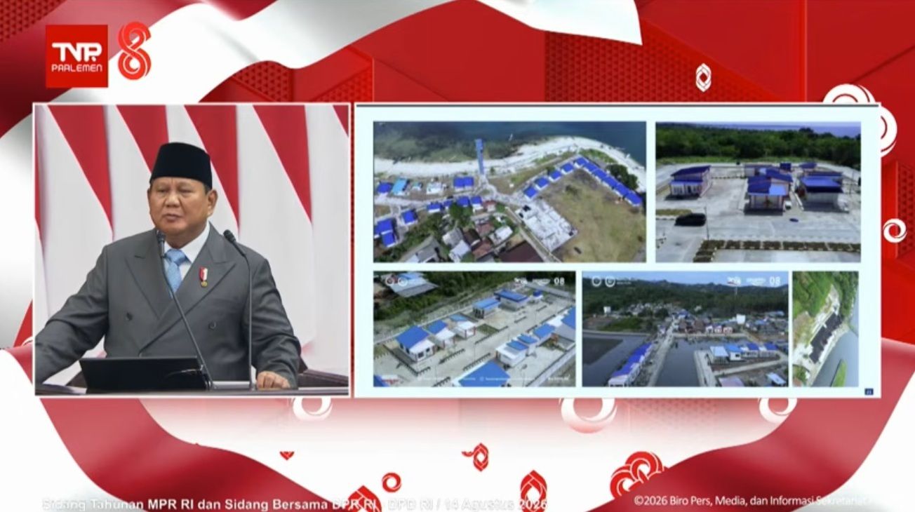 Presiden Prabowo Subianto saat pidato kenegaraan di DPD, DPR, MPR RI, Jumat, 14 Agustus 2026.  <b>(TV Parlemen)</b>