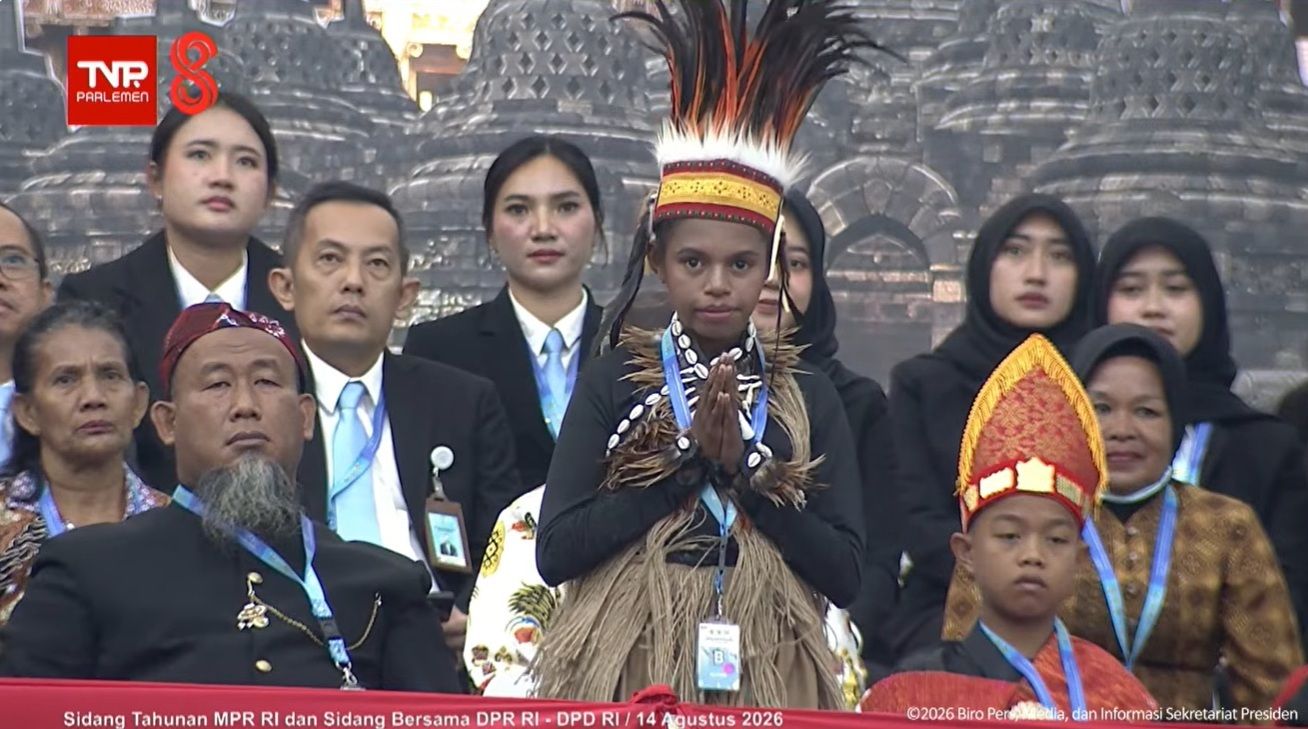 Presiden Prabowo Subianto saat pidato kenegaraan di DPD, DPR, MPR RI, Jumat, 14 Agustus 2026.  <b>(TV Parlemen)</b>