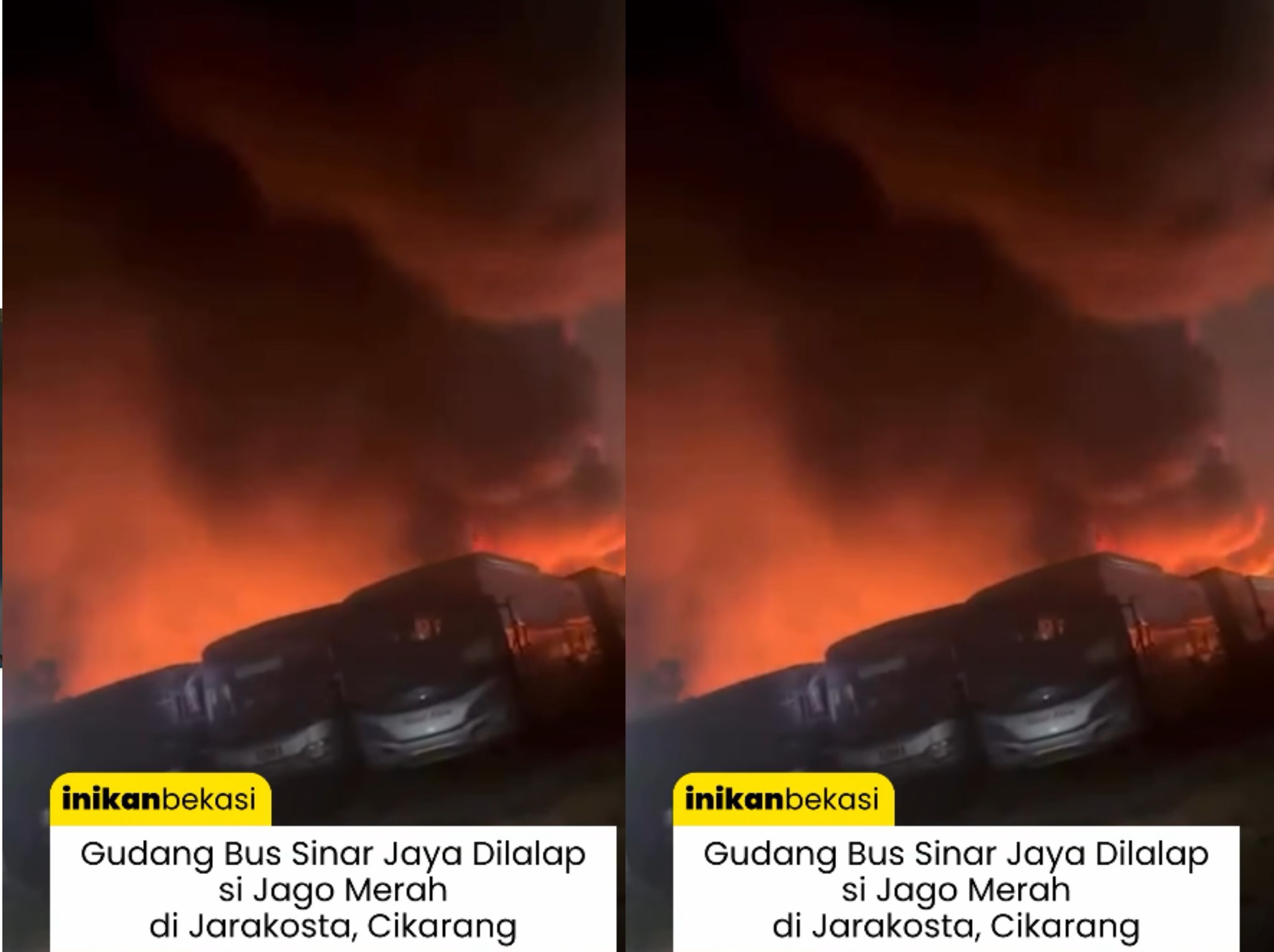 Musibah kebakaran melanda sebuah gudang bus milik PO Sinarjaya di kawasan Jarakosta, kawasan industri MM2100, Cikarang Barat, Kabupaten Bekasi. Insiden tersebut dilaporkan terjadi pada dini hari tadi (18/8/2026) pukul 02.30 WIB. <b>(inikan bekasi)</b>