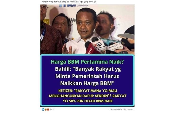 Unggahan yang menarasikan Bahlil sebut banyak rakyat minta pemerintah naikan harga BBM. Faktanya, pernyataan tersebut tidak berdasar. (Facebook) <b>(Antara)</b>