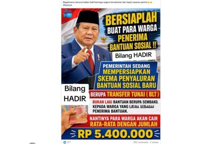 Unggahan yang menarasikan skema baru BLT, uang Rp5,4 juta dengan komentar hadir di unggahan Facebook. Faktanya, pernyataan tersebut tidak berdasar. (Facebook) <b>(Antara)</b>