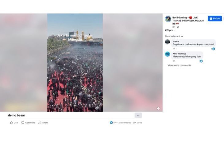 Unggahan video yang menarasikan demo besar di Jakarta pada 27 Agustus 2026. Faktanya, video tersebut merupakan rekaman lama yang tidak berkaitan dengan demonstrasi di Jakarta. Video tersebut memperlihatkan umat Muslim Syiah dari Irak dan berbagai wilayah lainnya berkumpul di Kota Karbala untuk memperingati Asyura. (Facebook) <b>(Antara)</b>