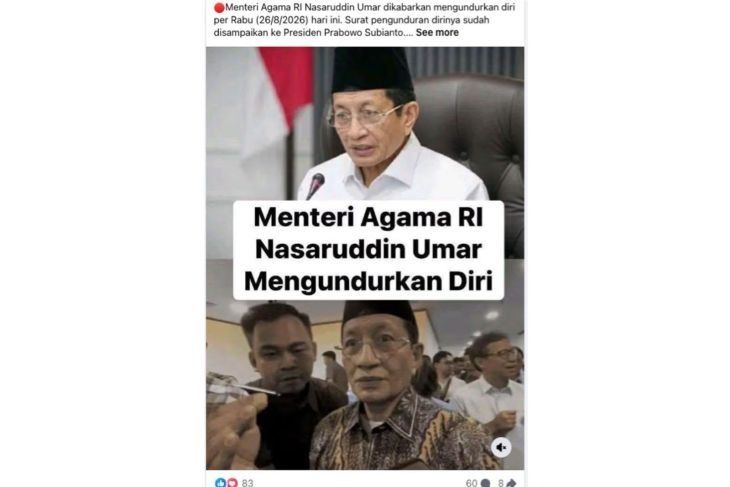 Unggahan yang menarasikan Menteri Agama Nasaruddin Umar mengundurkan diri. Faktanya, Kementerian Agama membantah kabar mengenai pengunduran diri Nasaruddin Umar dari jabatan Menteri Agama. (Facebook) <b>(Antara)</b>