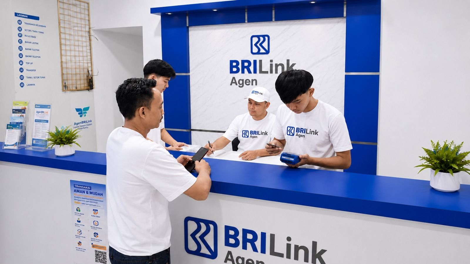 Suasana pelayanan Agen BRILink yang terus berevolusi dan berkembang profesional dalam memberikan kemudahan transaksi keuangan serta edukasi program perlindungan sosial bagi pelanggan.