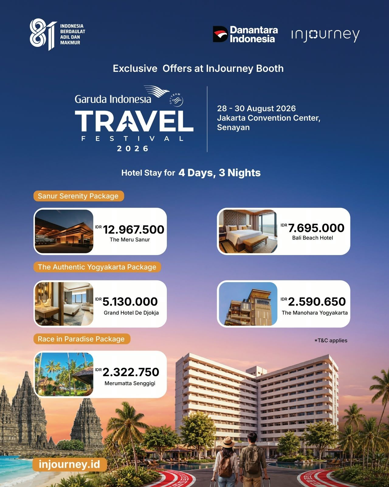 Daftar penawaran eksklusif paket menginap 4 Hari 3 Malam (4D3N) InJourney Hospitality di berbagai destinasi pilihan (Sanur, Yogyakarta, Senggigi) yang ditawarkan selama Garuda Indonesia Travel Festival (GATF) 2026 di JICC