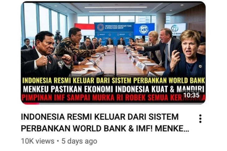 Unggahan yang menarasikan Indonesia resmi keluar dari world bank dan IMF. Faktanya, pernyataan tersebut tidak berdasar. (YouTube) <b>(Antara)</b>