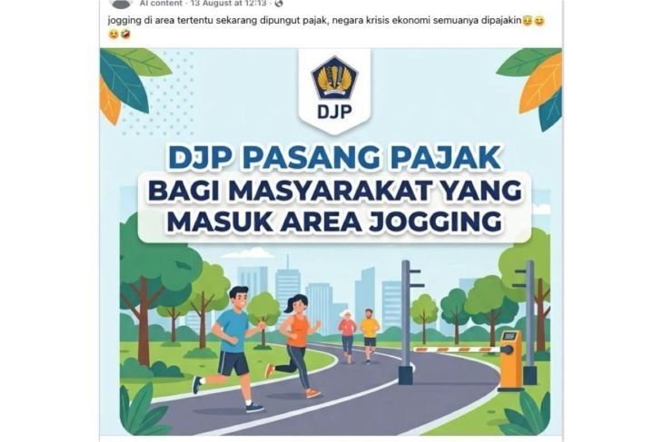 Unggahan yang menarasikan DJP akan pungut pajak di area jogging tertentu. Faktanya, DJP menjelaskan bahwa aktivitas olahraga atau lari tidak dikenakan pajak. (Facebook) <b>(Antara)</b>