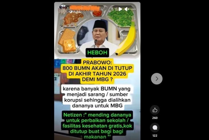Tangkapan layar narasi hoaks di media sosial yang menyatakan Prabowo tutup ratusan BUMN untuk danai MBG (Facebook) <b>(Antara)</b>