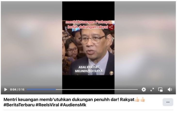 Unggahan video yang menarasikan Purbaya minta bantuan masyarakat untuk bongkar mafia . Faktanya, video tersebut merupakan hasil suntingan AI. (Facebook)