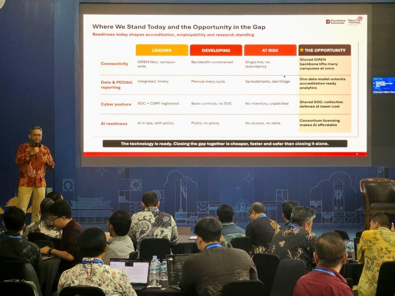 Direktur Strategic Business Development &amp; Portfolio Telkom Seno Soemadji memaparkan peta kondisi kesiapan digital dan peluang kolaborasi IDREN untuk perguruan tinggi dalam forum Indonesia Higher Education CIO Forum 2026 di ITB, Bandung.