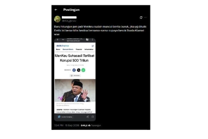 Tangkapan layar unggahan di media sosial yang menyebutkan Menkeu Suahasil Nazara terlibat korupsi Rp500 triliun <b>(Antara)</b>