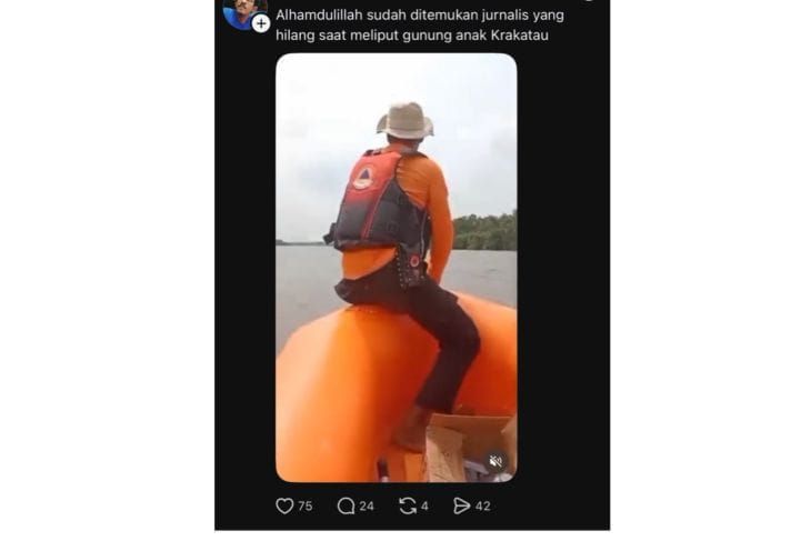 Unggahan video yang menarasikan lima jurnalis yang hilang saat meliput Anak Krakatau ditemukan. Faktanya, video tersebut merupakan video pencarian Bripda Rifki Ardianto yang hilang di perairan Sungai Mesuji, Lampung, pada September 2026 <b>(Antara)</b>