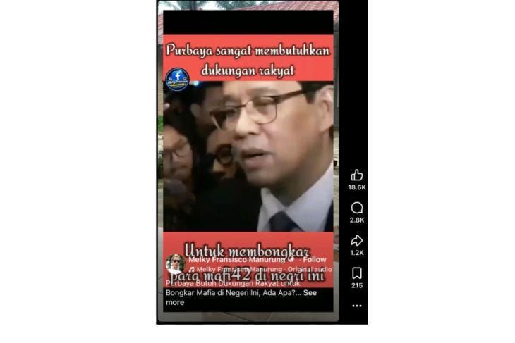 Unggahan video yang menarasikan Purbaya minta dukungan untuk bongkar korupsi setelah tidak menjabat jadi Menkeu. Faktanya, video tersebut telah disunting menggunakan AI dengan mengganti suara pada video asli sehingga menghasilkan pernyataan yang tidak pernah disampaikan Purbaya <b>(Antara)</b>