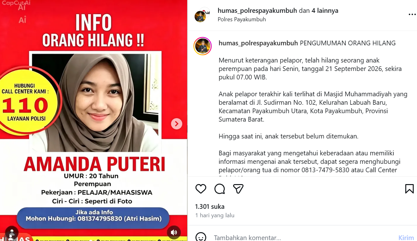 Remaja hilang <b>(tangkapan layar)</b>