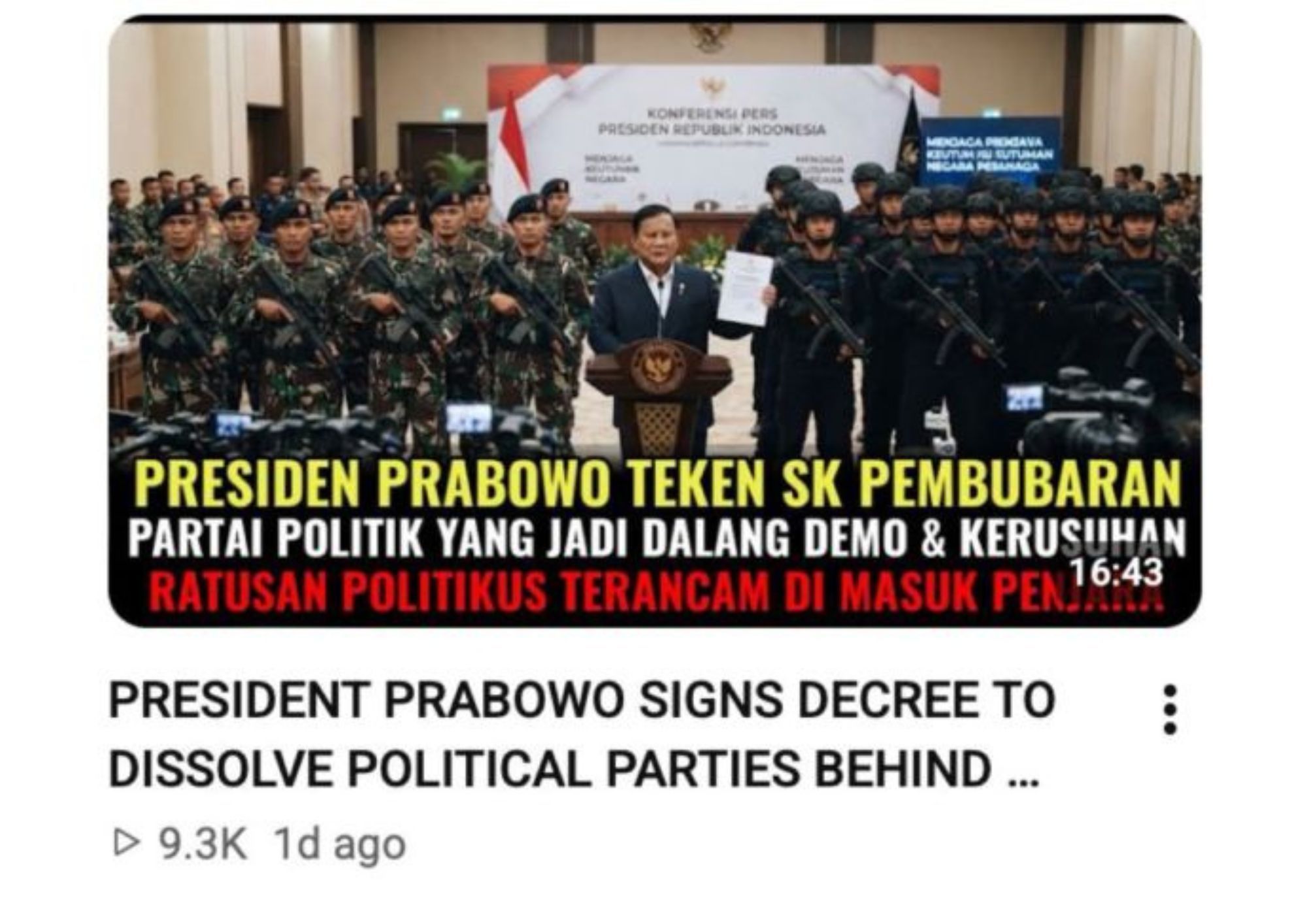 Unggahan yang menarasikan Prabowo teken SK pembubaran partai politik. Faktanya, isi video tidak sesuai dengan narasi judul. Pembubaran partai politik merupakan kewenangan Mahkamah Konstitusi melalui mekanisme hukum yang berlaku.  <b>(Antara)</b>