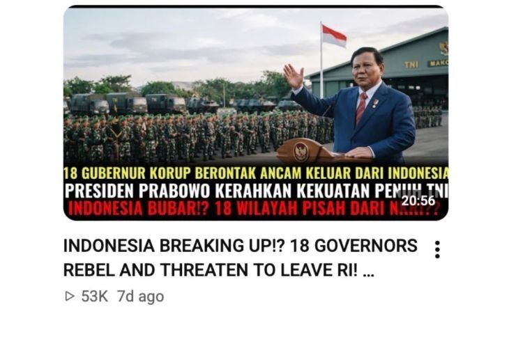 Unggahan yang menarasikan 18 gubernur ancam keluar dari NKRI. Faktanya, isi video tidak sesuai dengan narasi judul. (YouTube) <b>(Antara)</b>