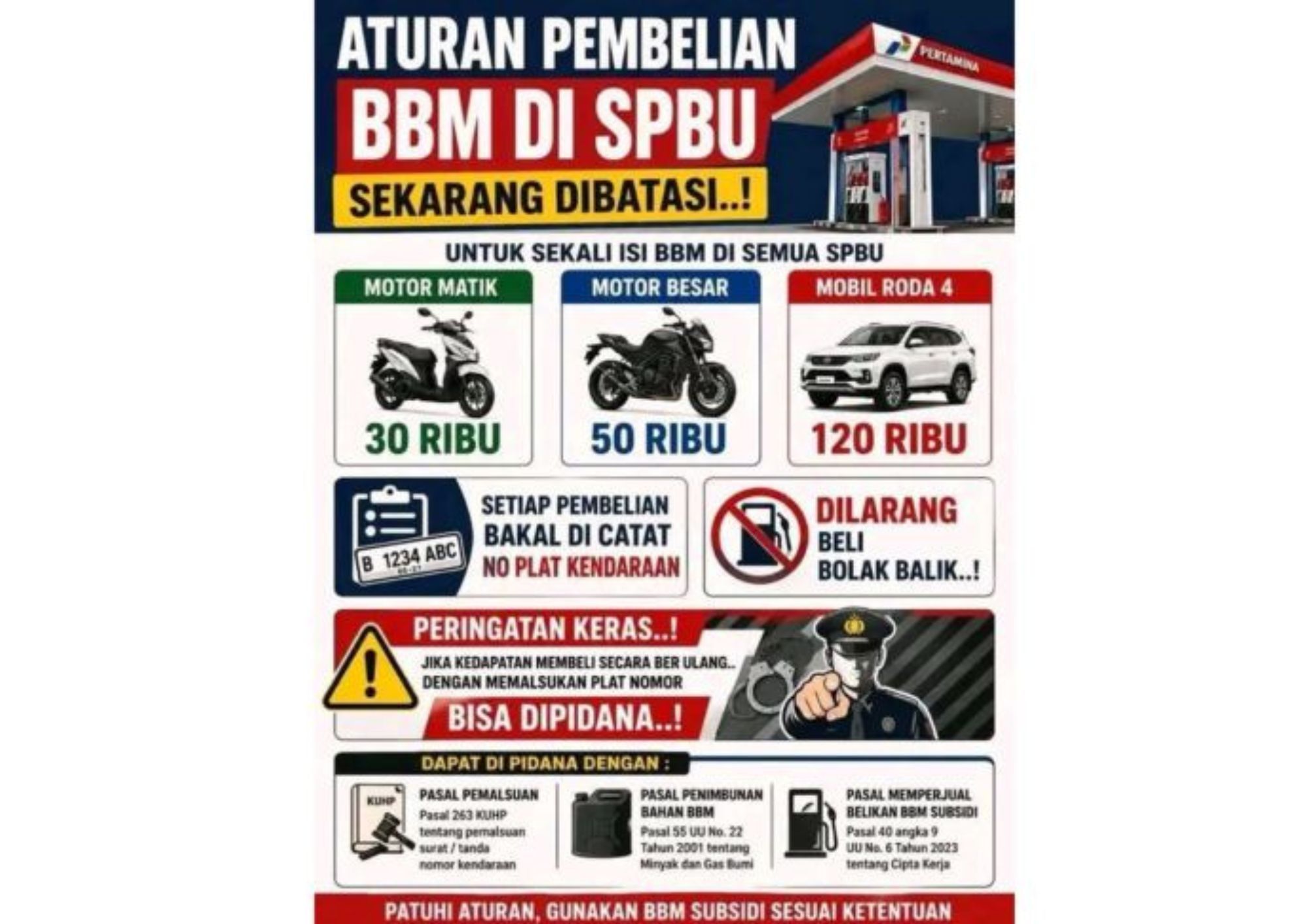 Unggahan yang menarasikan pembelian BBM bersubsidi dibatasi maksimal 30 ribu dalam satu kali pengisian. Faktanya, Menteri ESDM mengatakan pemerintah masih memformulasikan aturan pembatasan distribusi BBM bersubsidi agar penyalurannya lebih tepat sasaran. <b>(Facebook)</b>