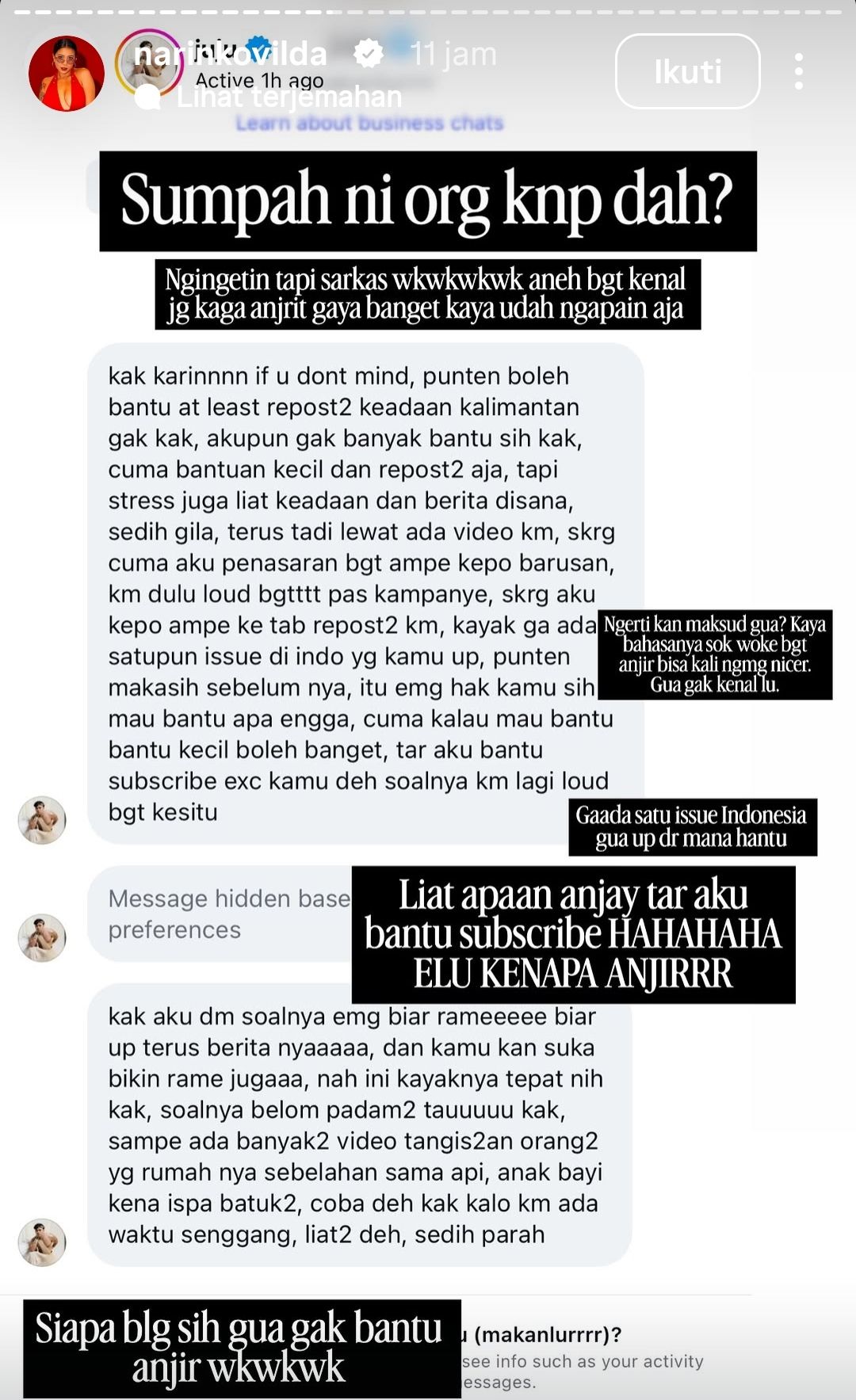 Isi DM Aa Juju ke Awkarin <b>(Instagram)</b>