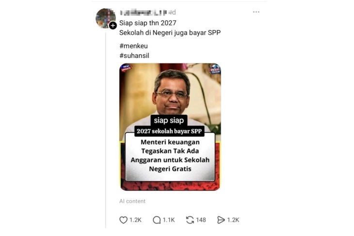 Unggahan yang menarasikan Menkeu nyatakan sekolah negeri kembali bayar SPP pada 2027. Faktanya, pernyataan tidak ada anggaran untuk sekolah negeri gratis pada 2027 sehingga siswa harus kembali membayar SPP tidak benar. Pemerintah tetap mengalokasikan program tersebut melalui anggaran pendidikan 2027. (Threads) <b>(Antara)</b>