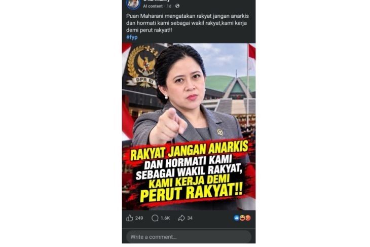 Unggahan yang menarasikan Puan Maharani minta rakyat jangan anarkis dan hormati DPR. Faktanya, pernyataan tersebut tidak berdasar. (Facebook) <b>(Antara)</b>