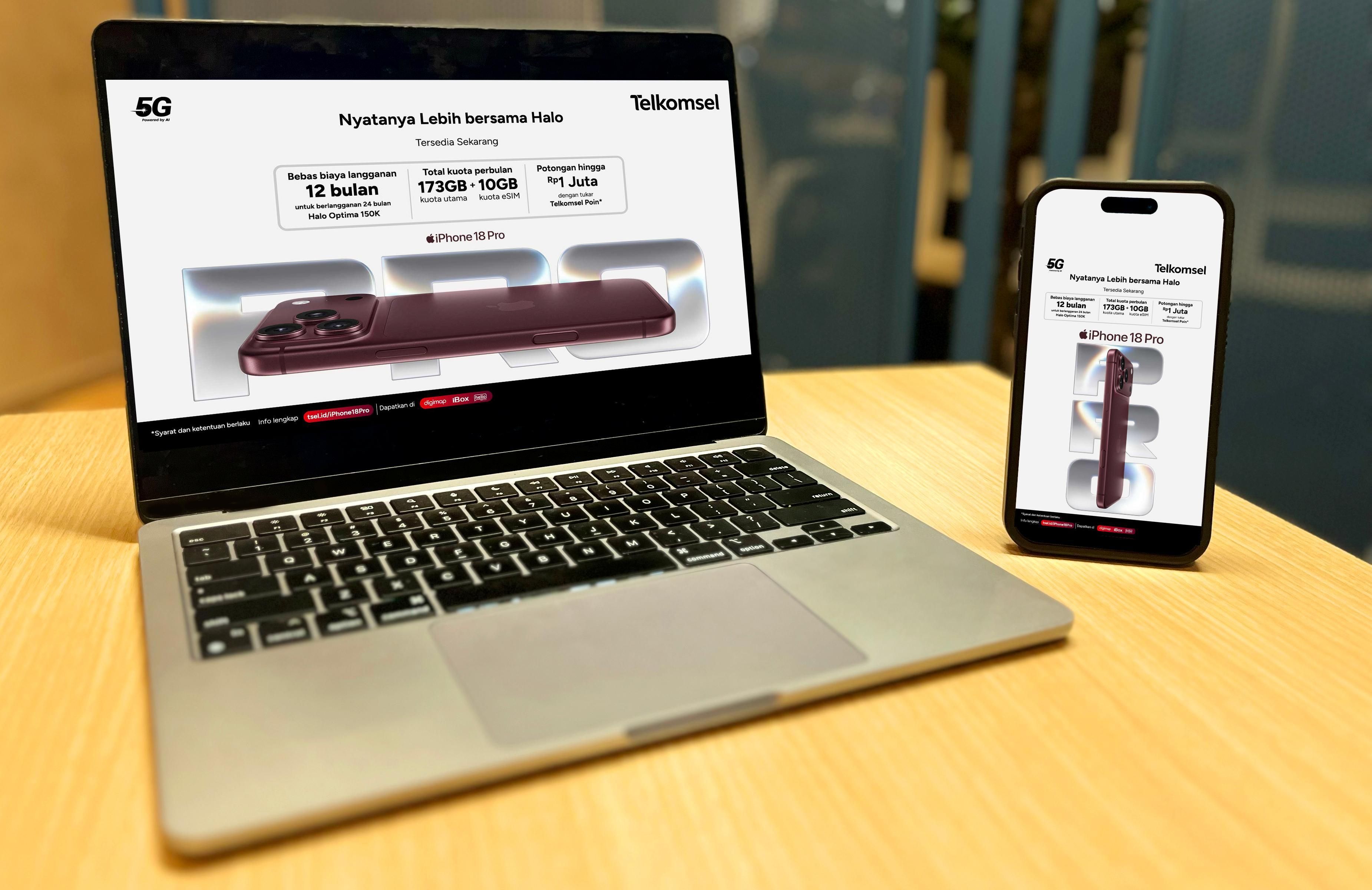  Telkomsel menghadirkan pilihan bundling Halo dan SIMPATI untuk iPhone 18 Pro dan iPhone 18 Pro Max yang kini tersedia di Indonesia, dengan berbagai manfaat tambahan sesuai kebutuhan pelanggan. Melalui program ini, pelanggan dapat menikmati pilihan paket konektivitas, termasuk benefit Telkomsel POIN hingga Rp1 juta, untuk mendukung pengalaman menggunakan iPhone 18 Series secara lebih optimal.