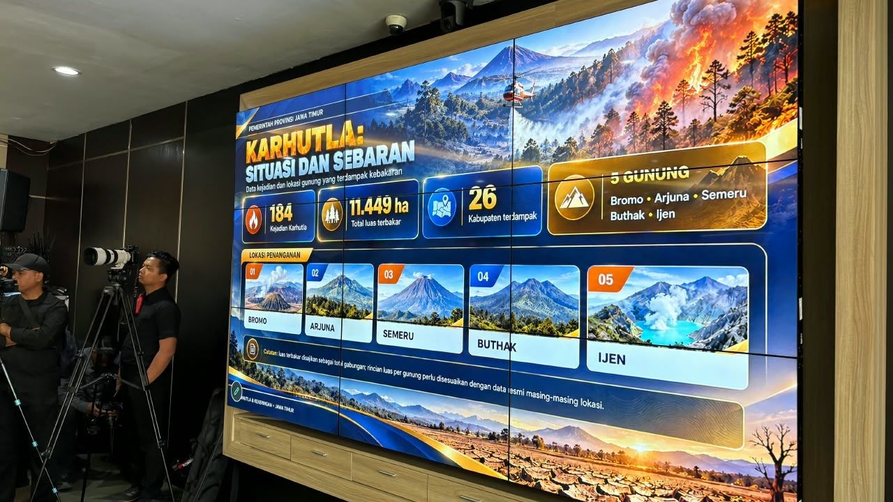 Tampilan data dan sebaran karhutla di 5 kawasan gunung (Bromo, Arjuno, Semeru, Butak, dan Ijen) yang mencakup 184 kejadian di 26 kabupaten/kota dengan total luas lahan terbakar mencapai 11.449 hektare. <b>(BNPB)</b>