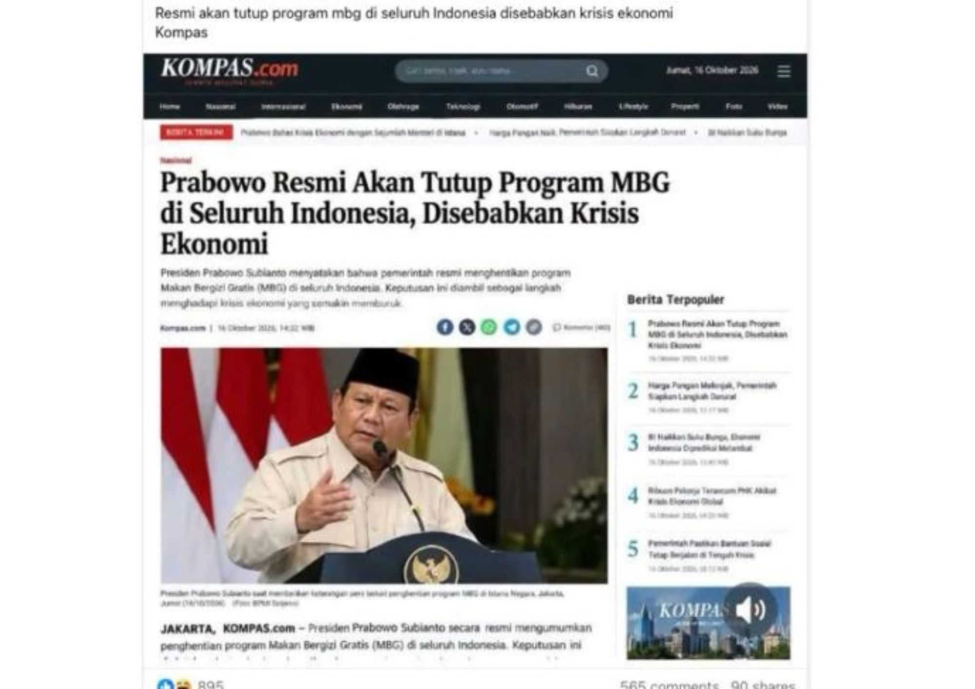 Unggahan yang menarasikan Prabowo tutup MBG karena krisis ekonomi. Faktanya, tangkapan layar tersebut merupakan konten yang dimanipulasi. <b>(Antara)</b>
