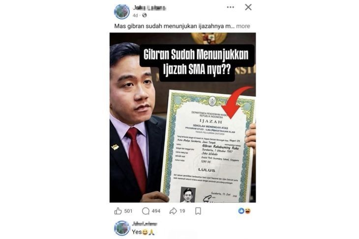 Unggahan yang menarasikan foto Gibran tunjukkan ijazah SMA dari SMAN 4 Surakarta di Mahkamah Konstitusi. Faktanya, foto tersebut merupakan hasil AI. (Facebook) <b>(Antara)</b>