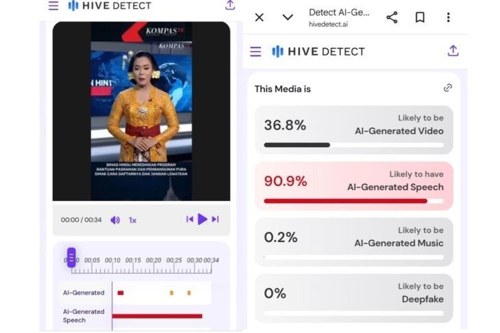 Hasil pemeriksaan menggunakan AI Detector. (Hive Moderation) <b>(Antara)</b>