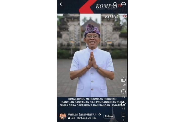 Unggahan yang menarasikan Kemenag resmikan program bantuan pasraman dan pembangunan pura lewat media sosial. Faktanya, video tersebut merupakan hasil AI. (Facebook) <b>(Antara)</b>