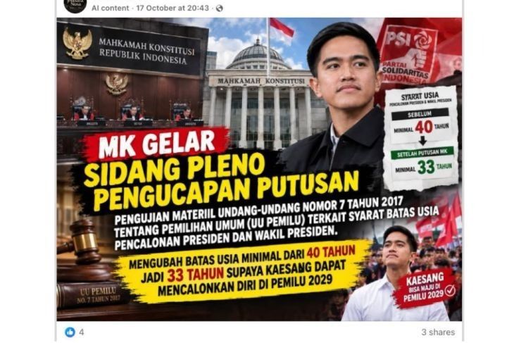 Unggahan yang menarasikan MK turunkan batas usia Capres dan Cawapres jadi 33 tahun. Faktanya, pernyataan tersebut tidak berdasar. (Facebook) <b>(Antara)</b>