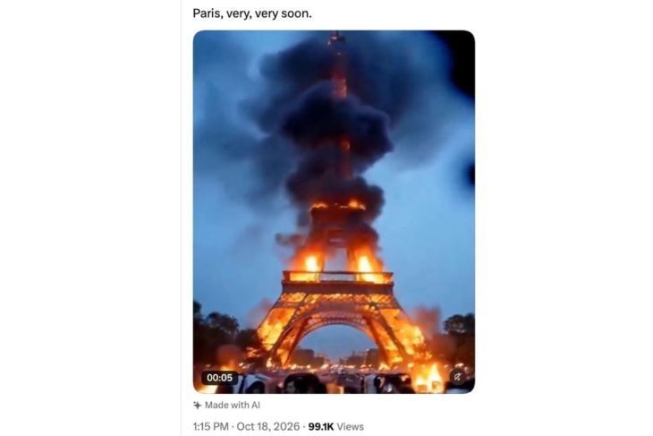 Unggahan video yang menarasikan Menara Eiffel terbakar hebat. Faktanya, video tersebut merupakan hasil AI. (X) <b>(Antara)</b>