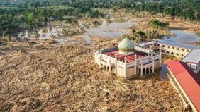 Penampakan Lautan Batang Kayu Penuhi Sekitar Masjid di Aceh Tamiang